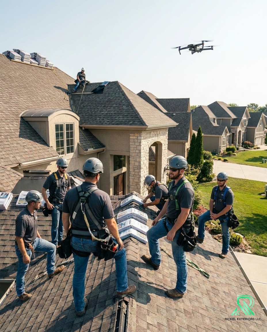 Rickel Exteriors crew performing a professional roof installation on a Kansas City home