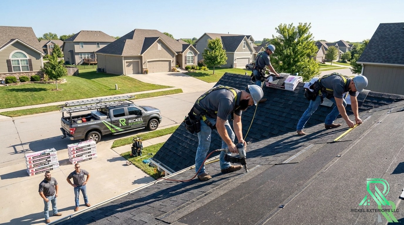 Professional roofing crew in safety harnesses installing a new roof in Kansas City