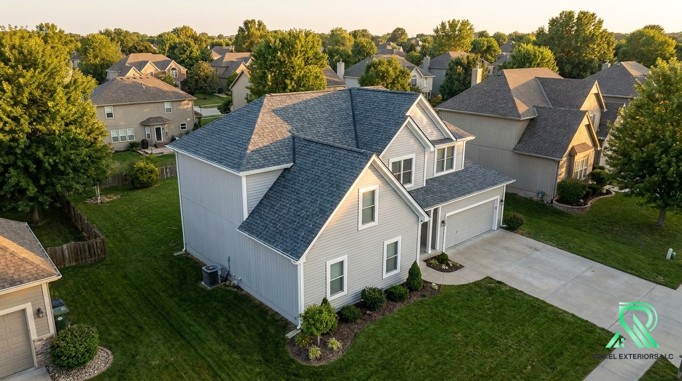 Drone view of a recently completed high quality roofing and siding installation on a residential home