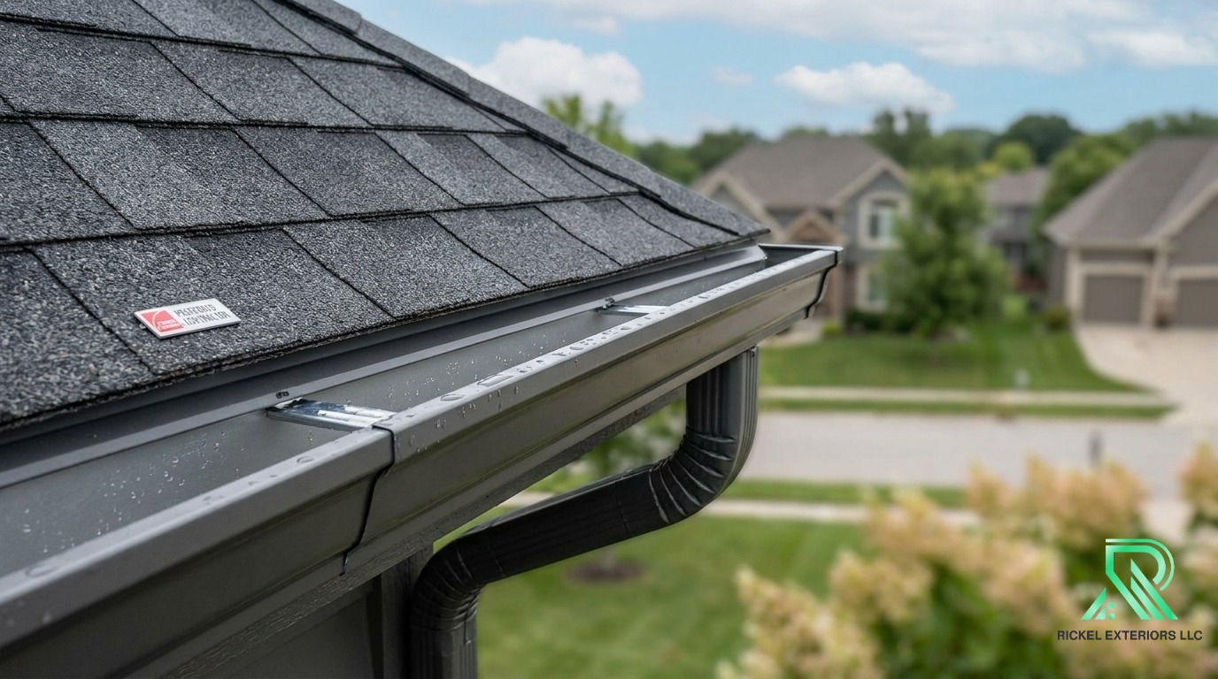 Close up of clean, newly installed seamless gutters protecting a foundation