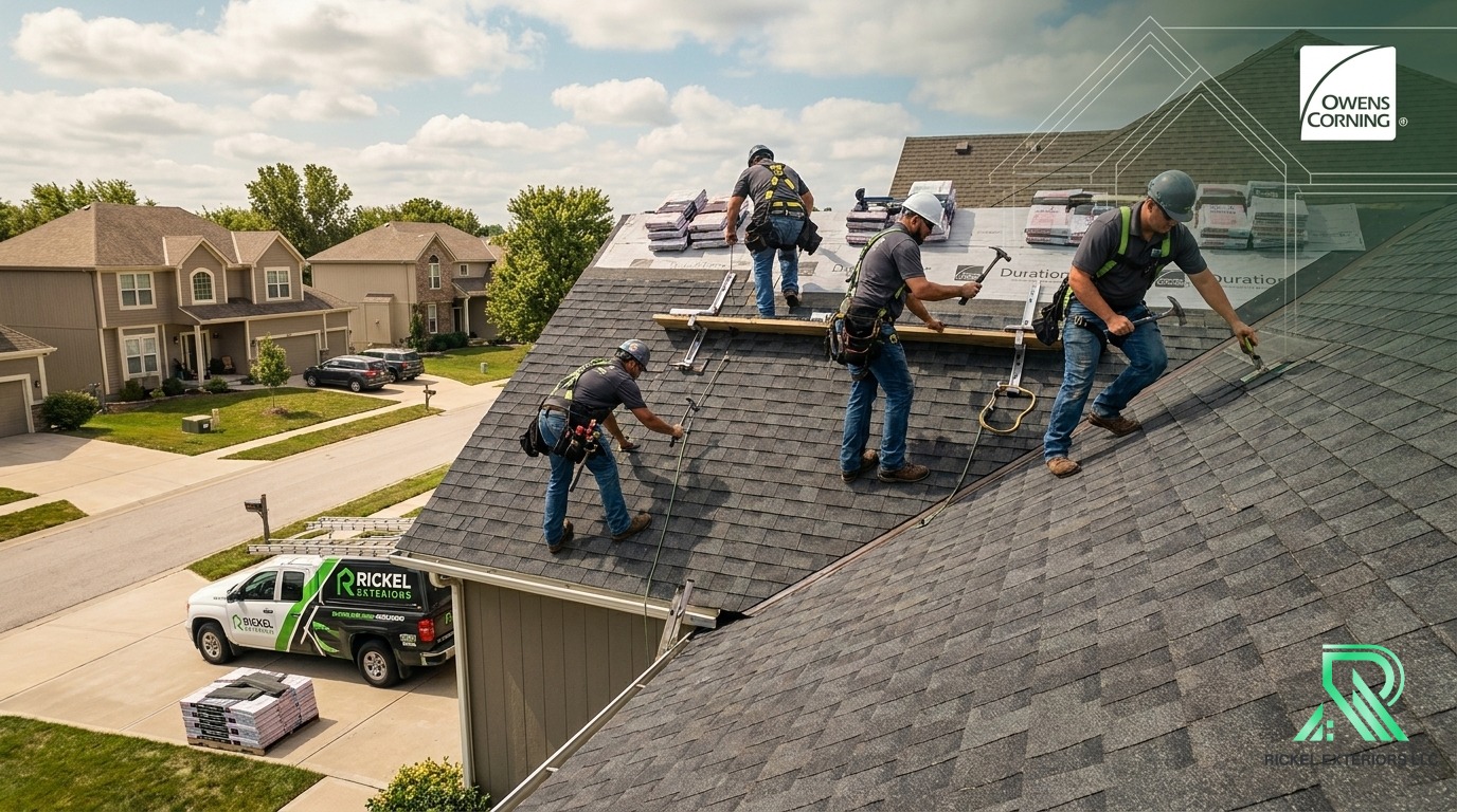 Drone view of a professional crew installing a new residential roof in Kansas City