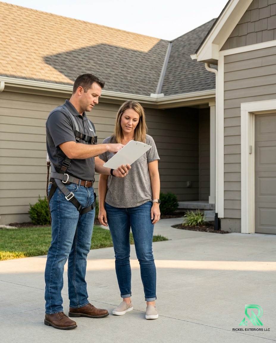 Rickel Exteriors OSHA-certified contractor discussing roofing details with a property owner
