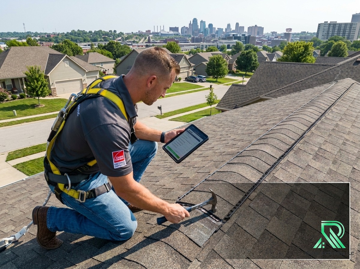 Drone view of a Kansas City home during an initial storm damage roof inspection