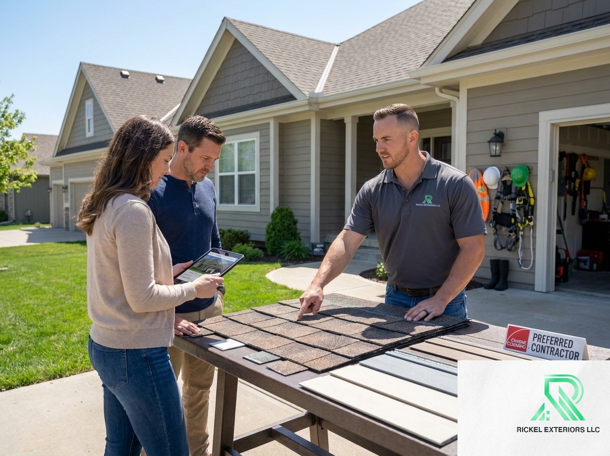 Homeowner and Rickel Exteriors contractor reviewing material options and project timeline