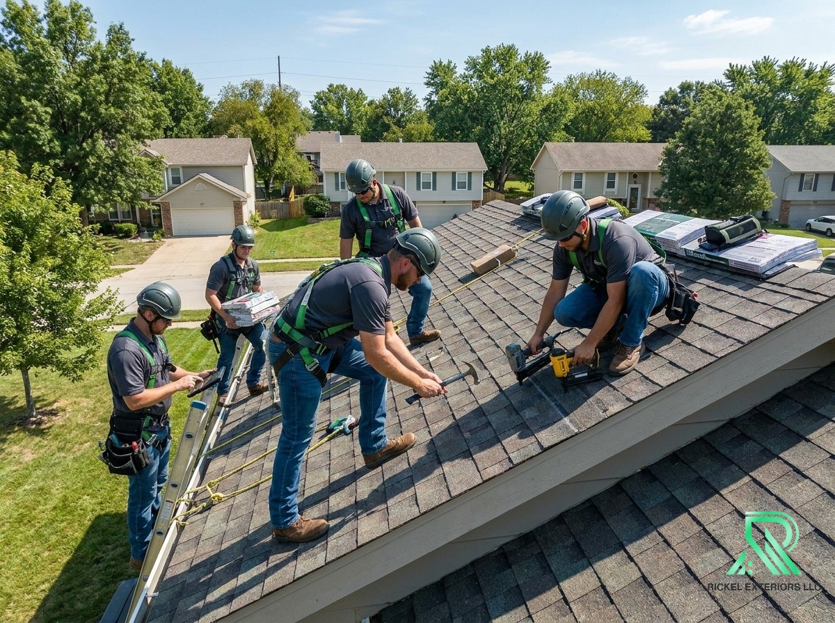 OSHA-certified Rickel Exteriors crew installing shingles on a Kansas City residential roof