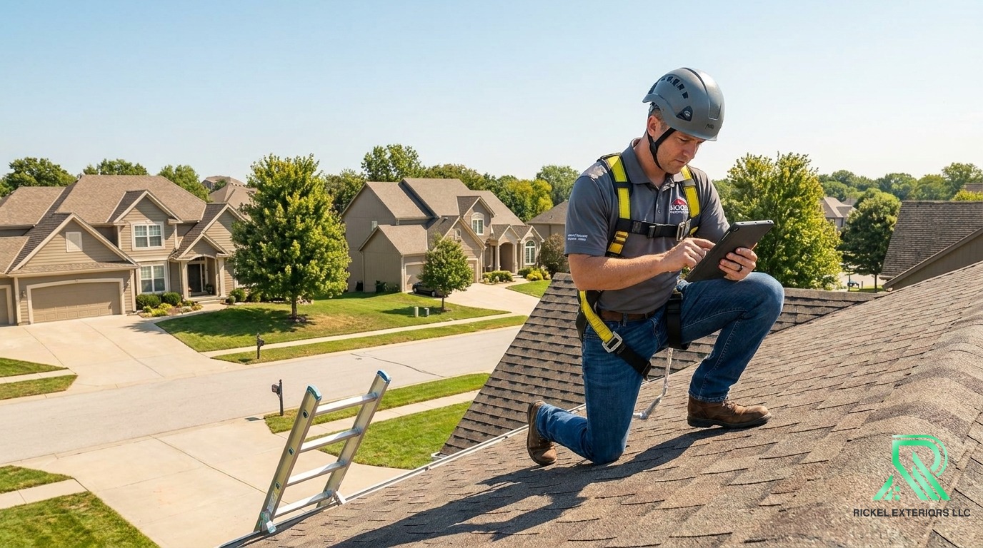 Rickel Exteriors contractor performing a thorough roof inspection in Kansas City