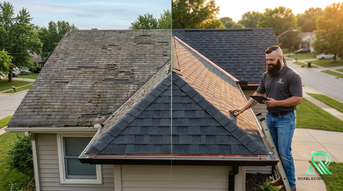 Before and after roofing transformation on a residential home in Kansas City