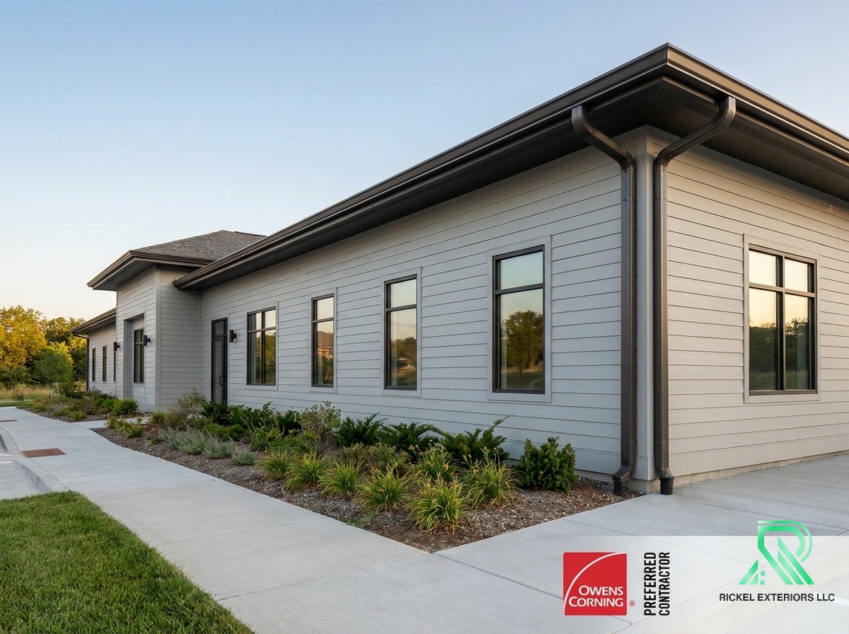 High-performance siding and gutter system on a commercial property