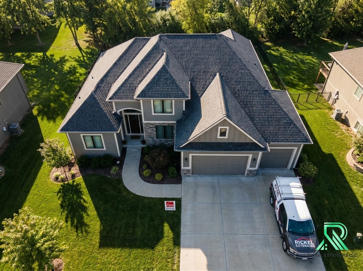 Drone view of an OSHA-certified Rickel Exteriors crew completing a roof installation