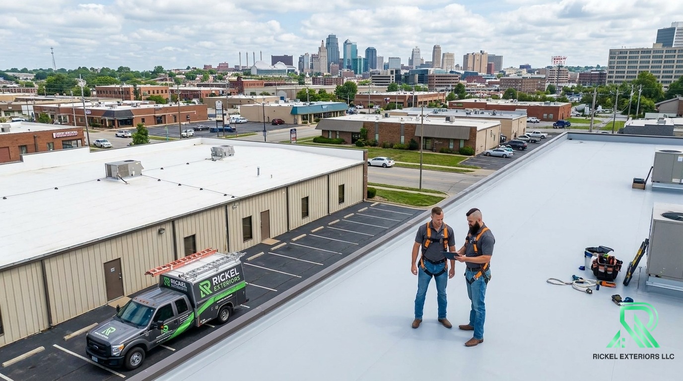 Drone view of a completed Rickel Exteriors roofing project with a clean job site