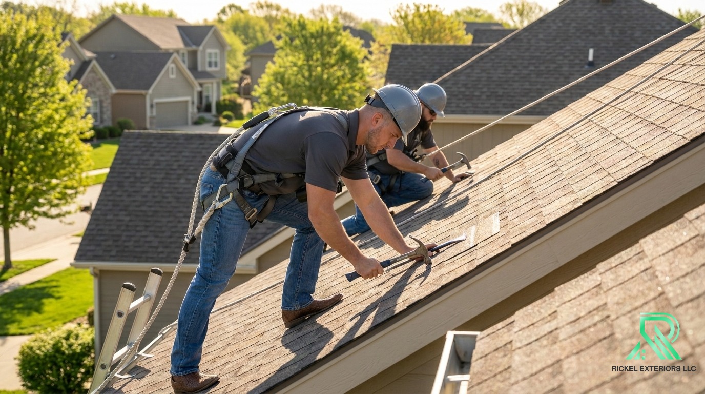 Rickel Exteriors crew on an OSHA-certified job site with harnesses and clean setup