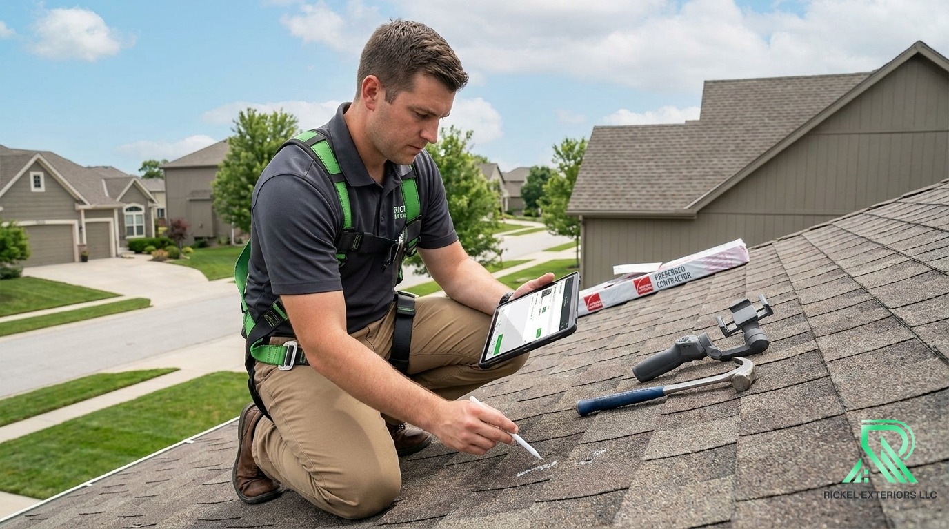 Contractor assessing Kansas City roof for hail impact and storm damage