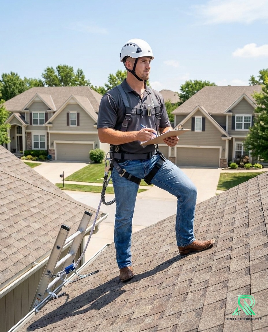 Rickel Exteriors crew on a Kansas City residential roofing job, following OSHA safety protocols