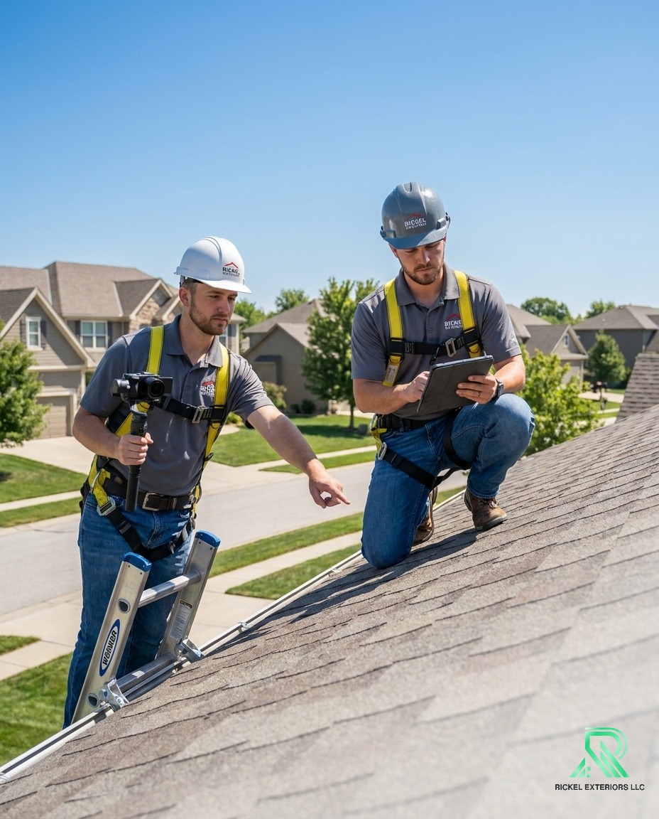 Rickel Exteriors owners conducting a professional roof inspection in the Kansas City metro area