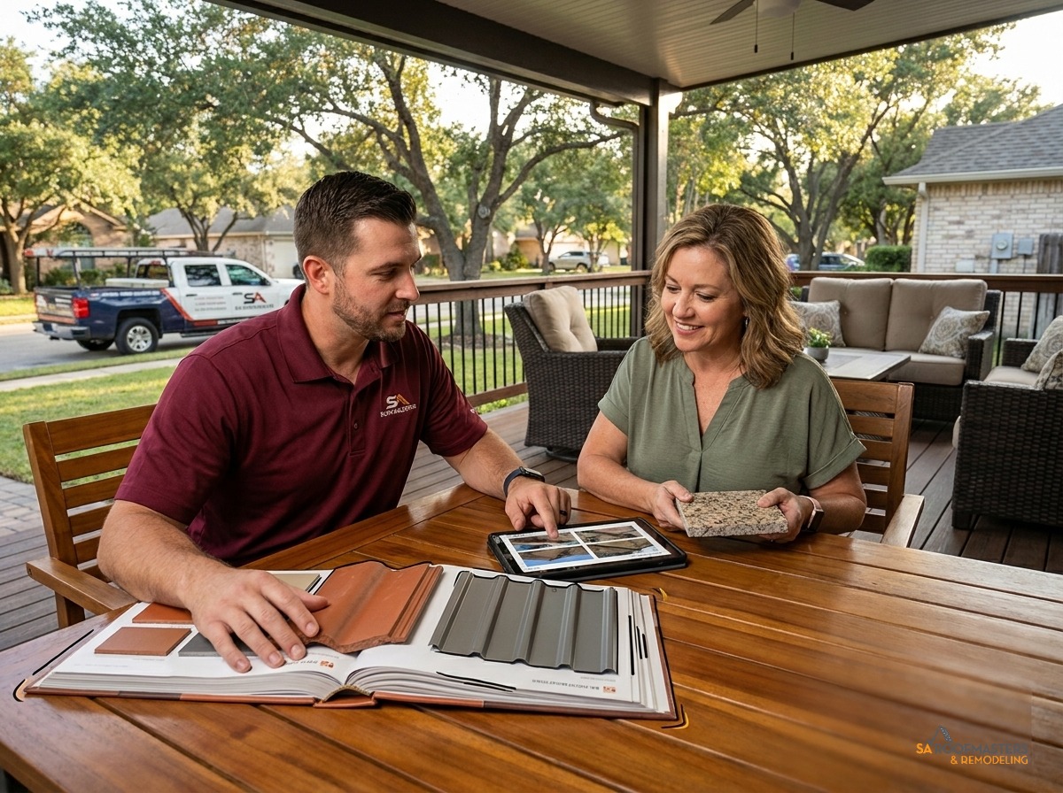 Reviewing roof inspection photos with a homeowner
