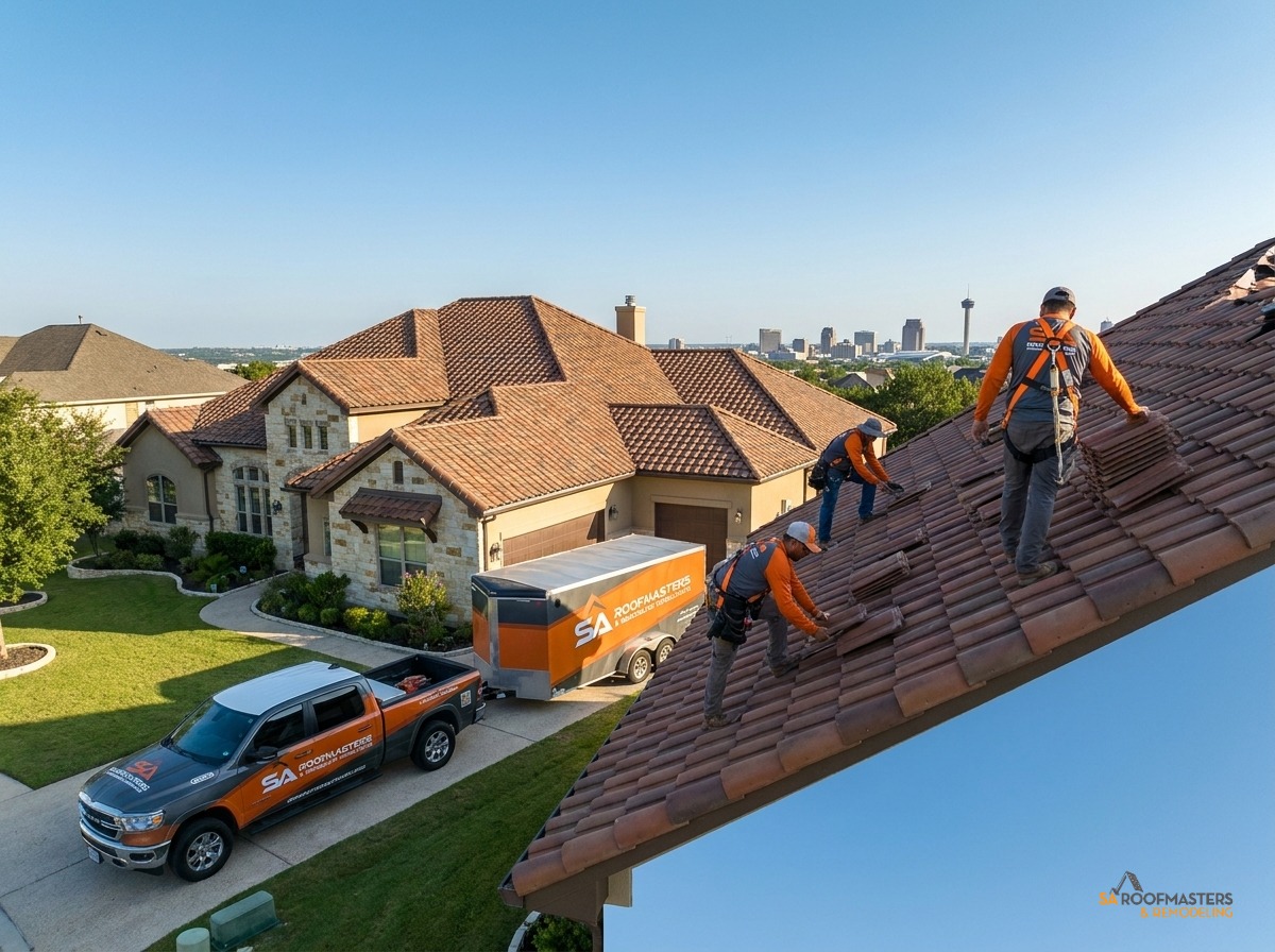 SA Roofmasters crew installing a tile roof in Boerne, Texas