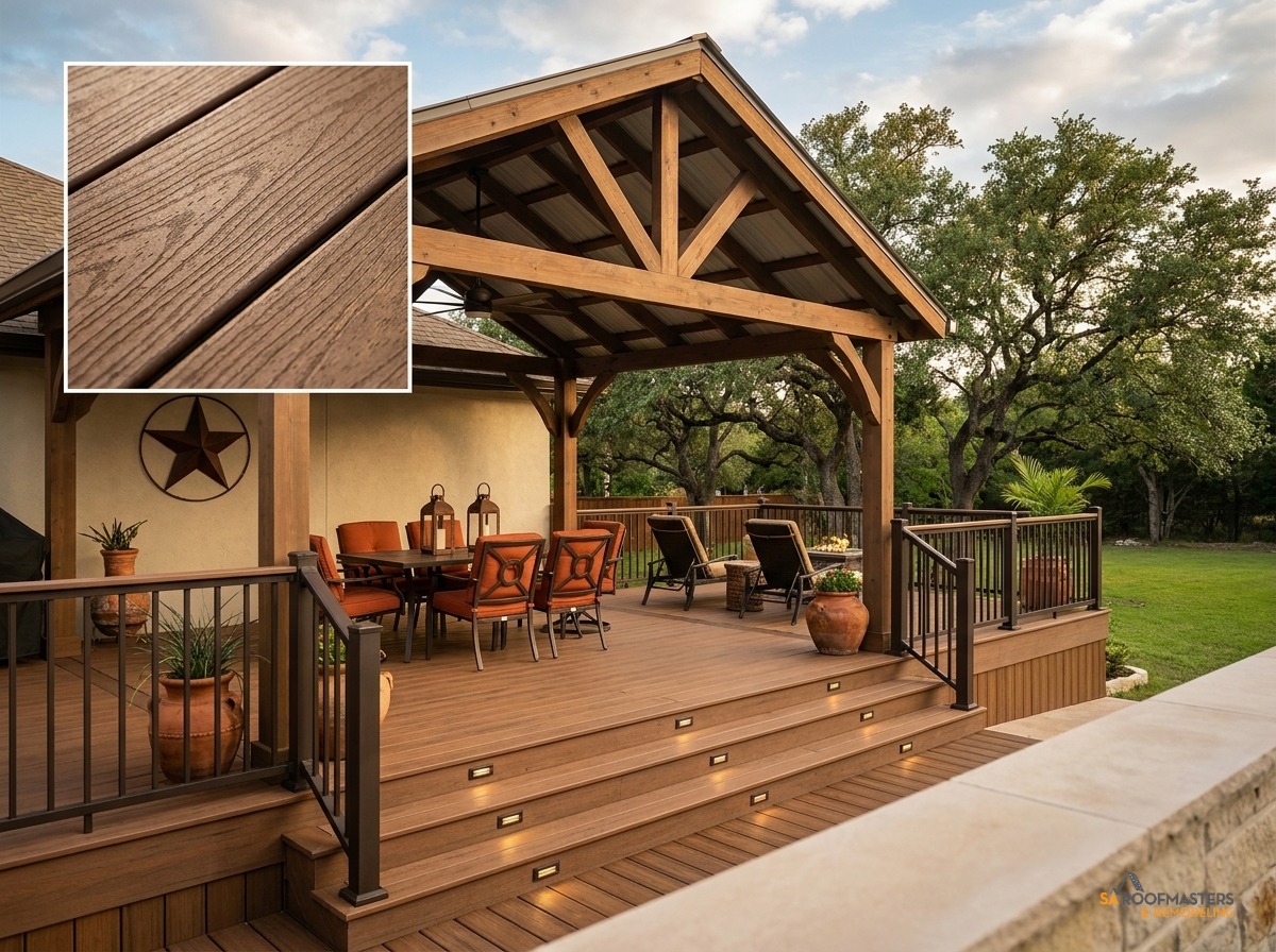 Custom Trex deck and home addition built by SA Roofmasters in San Antonio