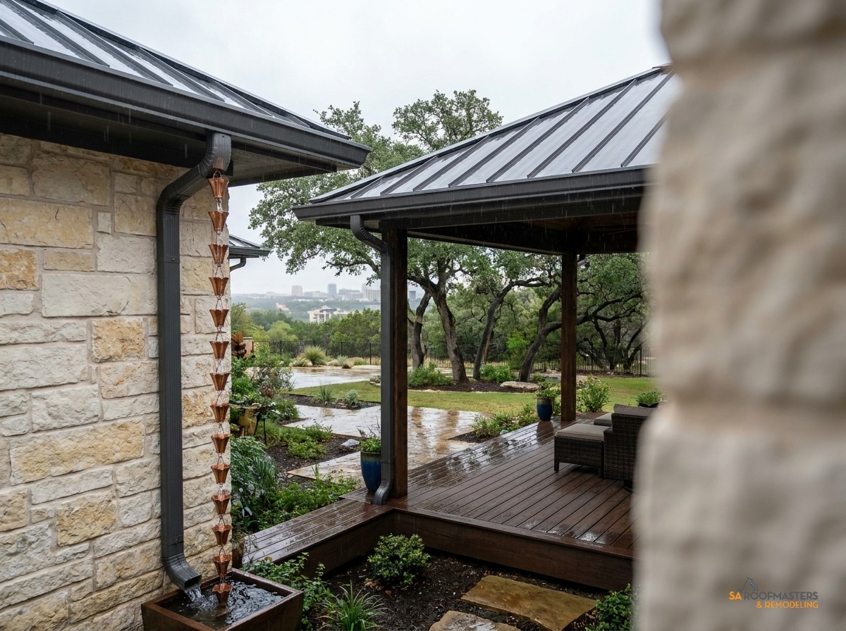 Seamless gutters and rain chains installed on a San Antonio home