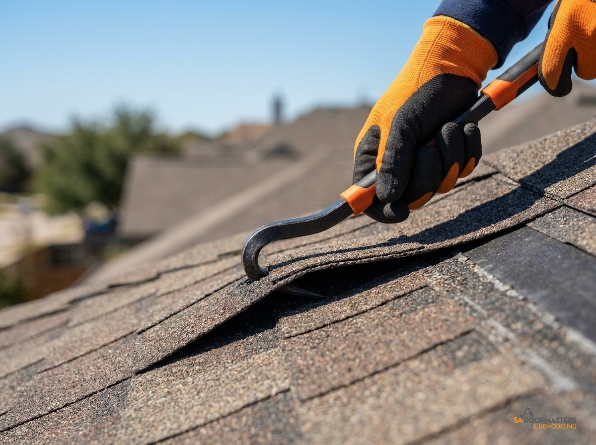 Roof leak repair in progress on a San Antonio home