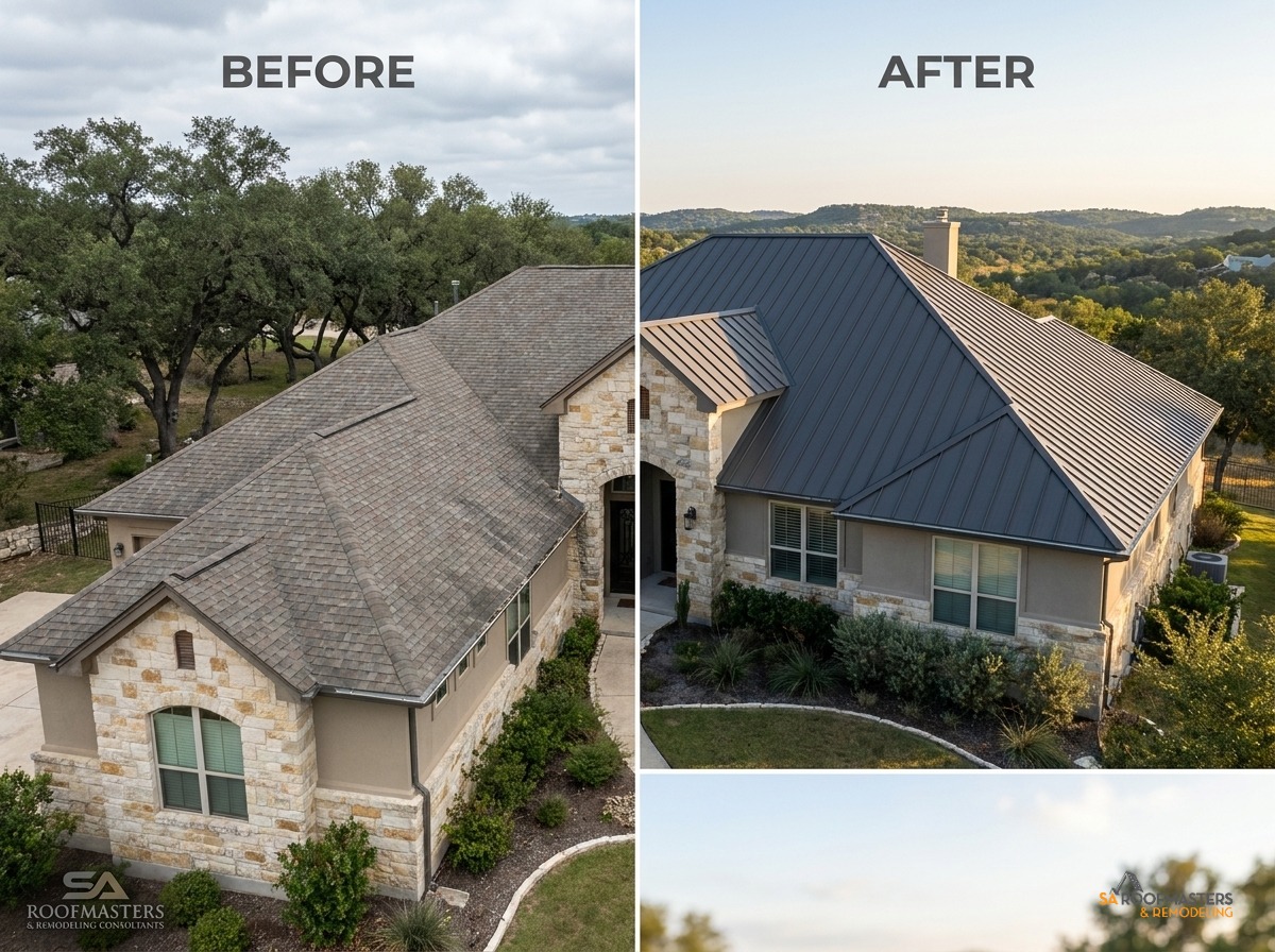 Storm-damaged roof being restored by SA Roofmasters after severe weather