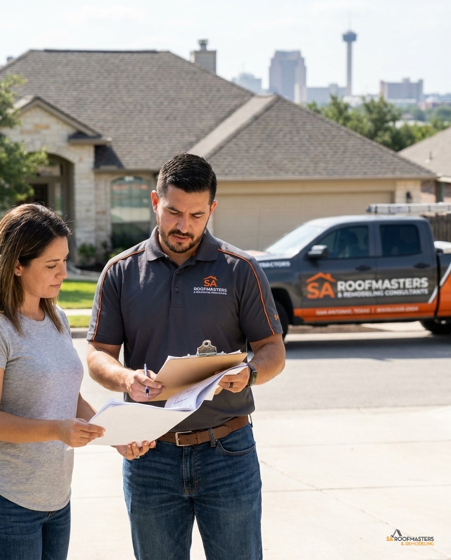 SA Roofmasters contractor reviewing a roof repair with San Antonio homeowners