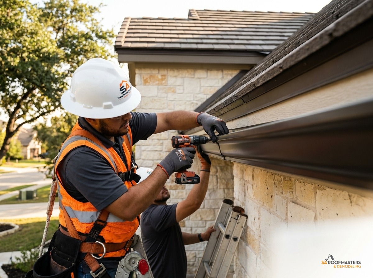 Crew installing seamless heavy-gauge gutters on a residential roof