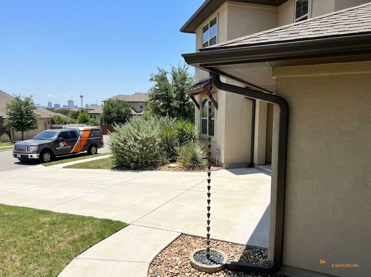Completed rain chain and seamless gutter system on a San Antonio home