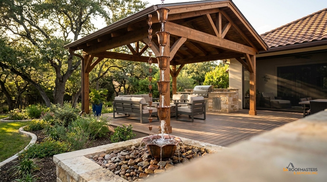 Copper rain chain on a patio cover in San Antonio
