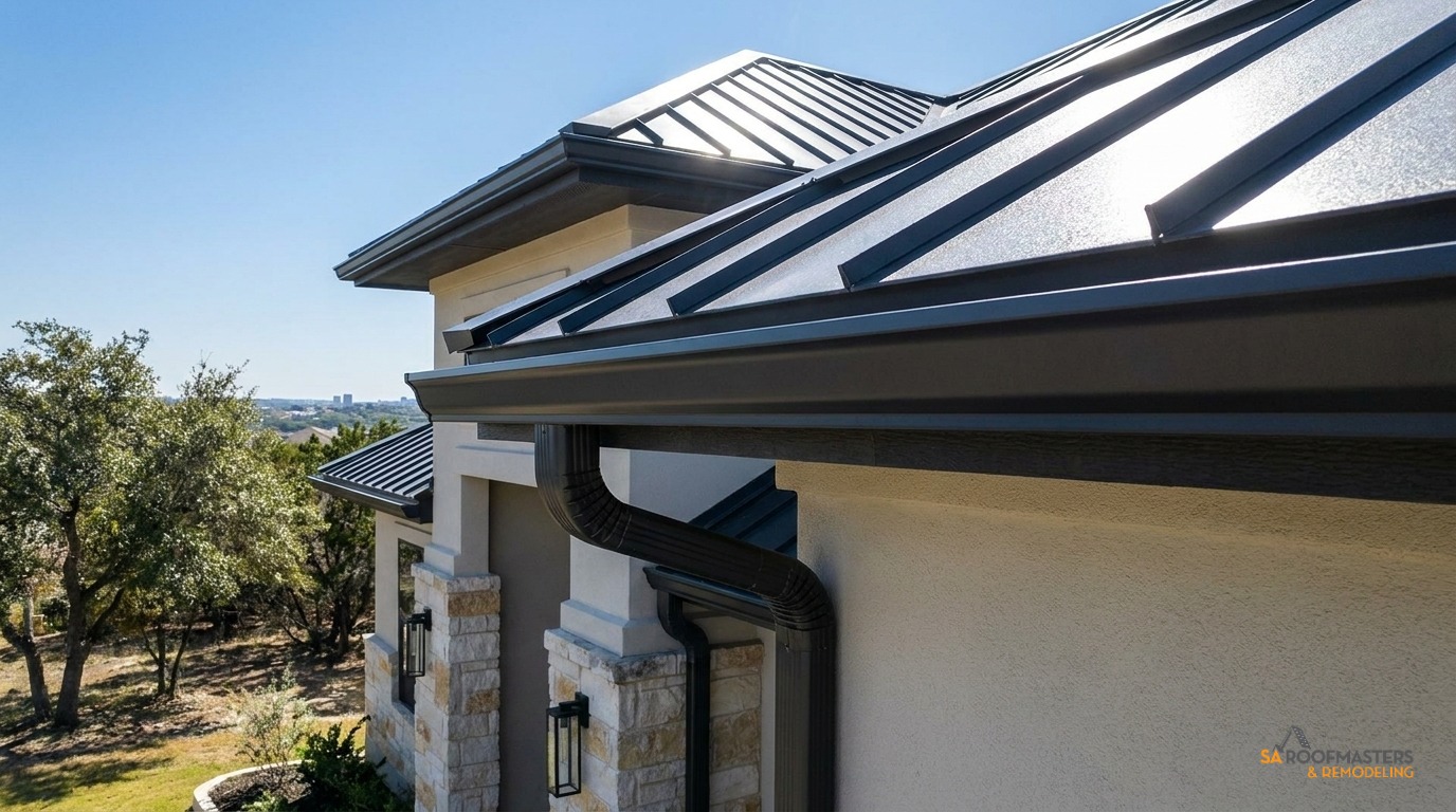 Seamless aluminum gutters installed on a San Antonio roofline