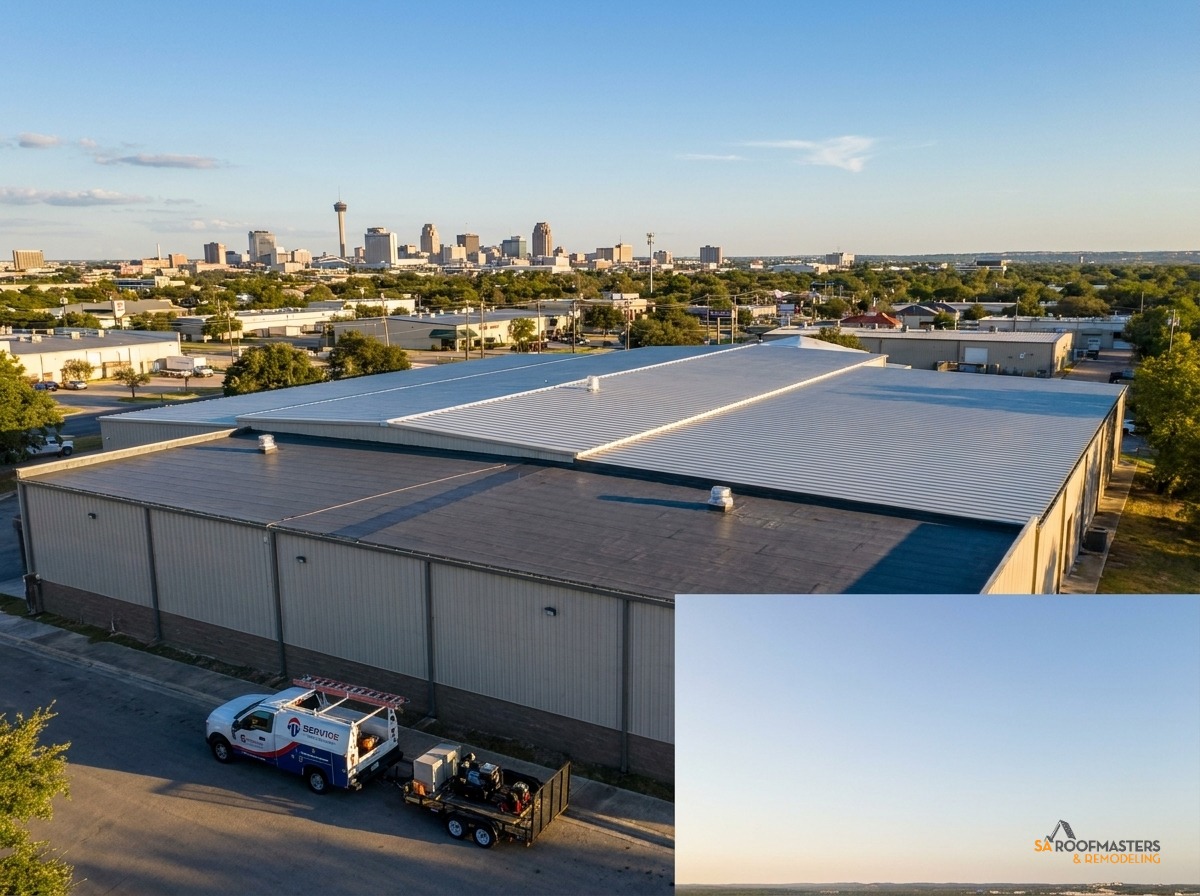 Aerial view of a commercial metal roof replacement completed by SA Roofmasters in San Antonio