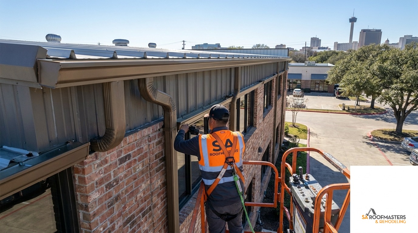 Seamless commercial gutters installed on a facility in San Antonio