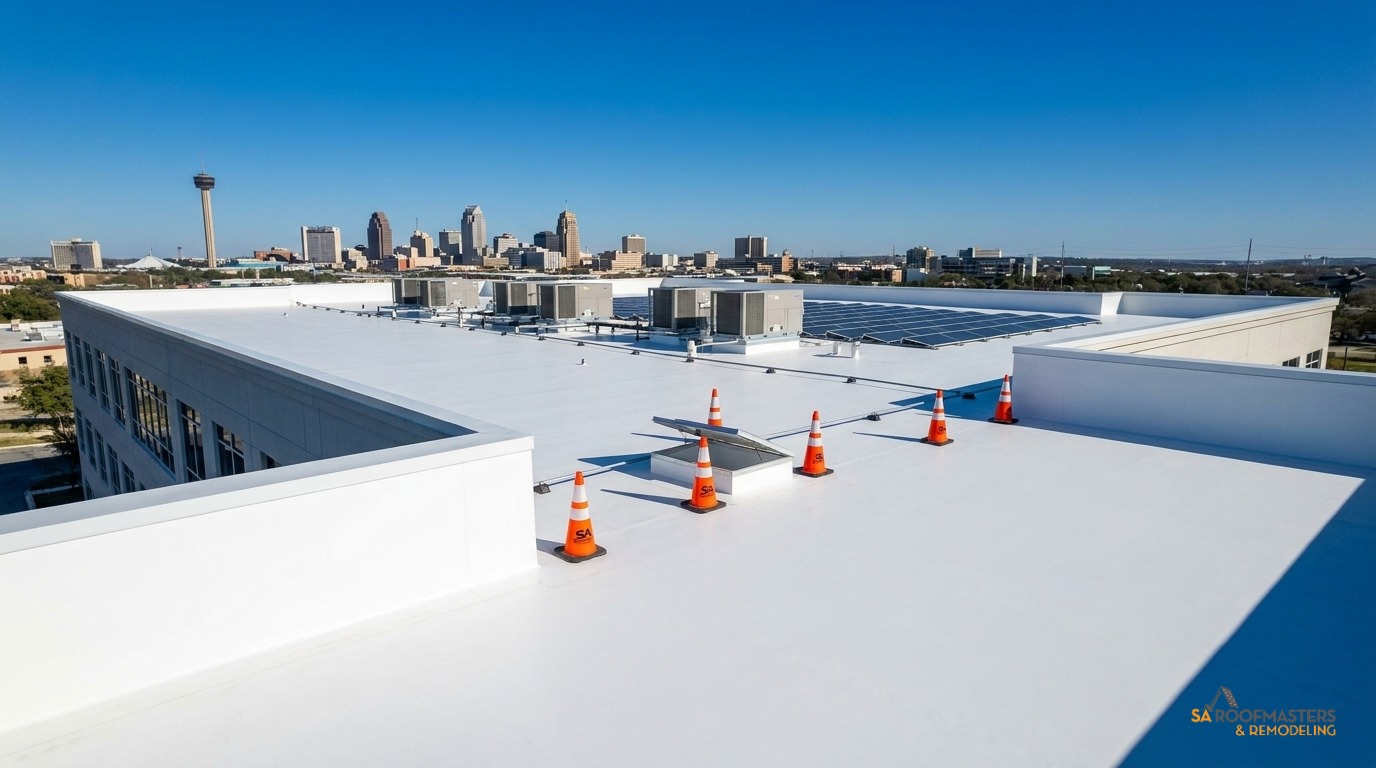 Commercial crew installing heat-welded TPO membrane on a flat roof in San Antonio