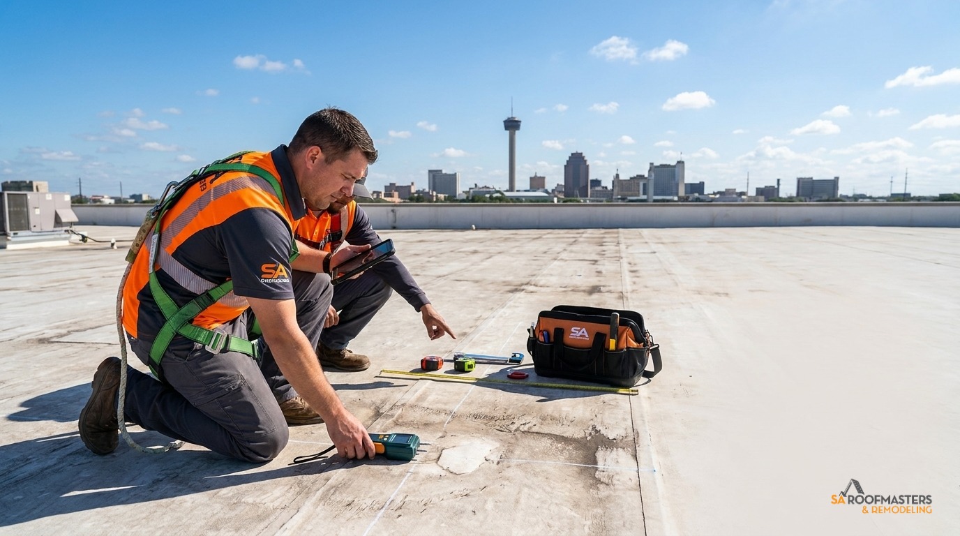 Roofers assessing commercial wind and hail damage after a storm