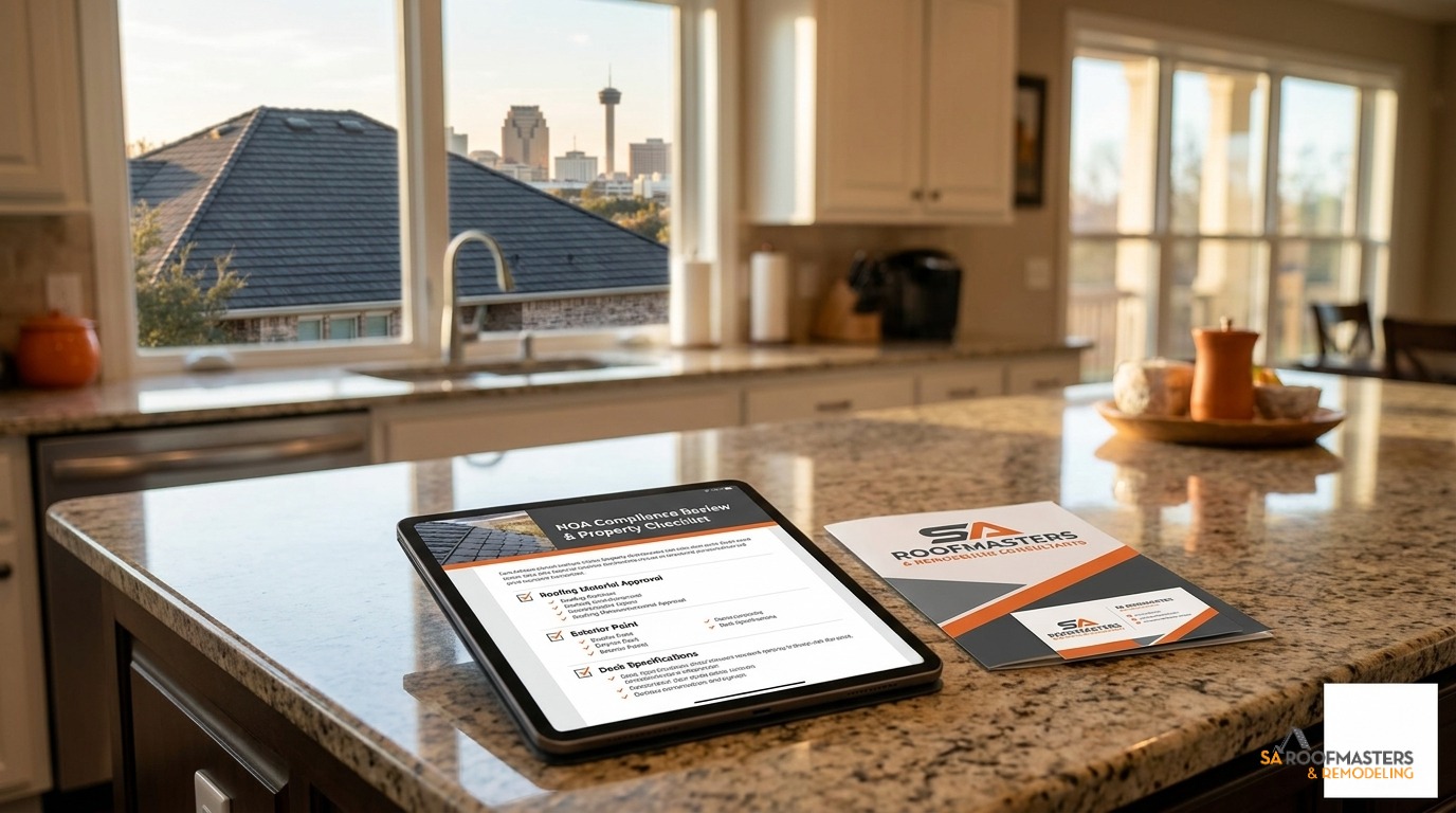 HOA roofing requirements checklist on a tablet in a San Antonio home