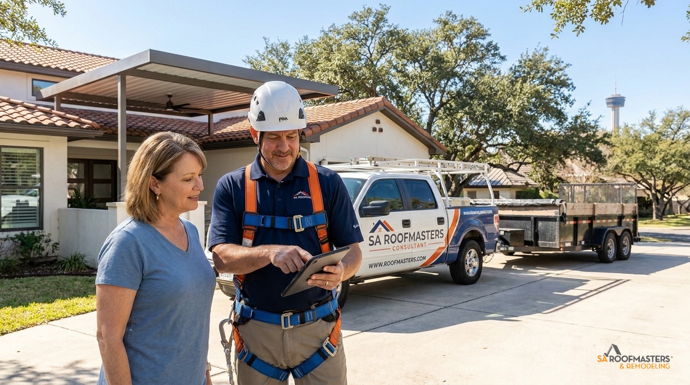 James Baladez reviewing a roof inspection report with a homeowner in Boerne