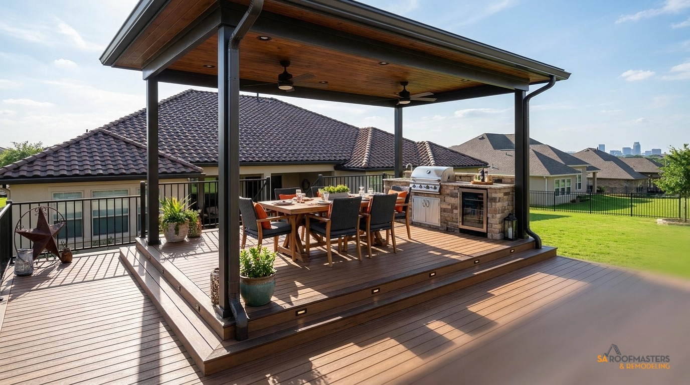 A remodeled San Antonio home with a custom Trex deck, patio cover, and tile roof completed by SA Roofmasters