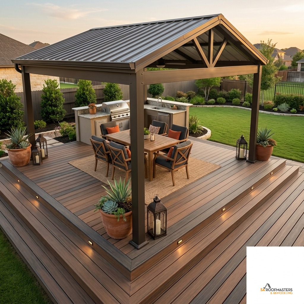 Custom multi-level Trex deck and patio cover built in Boerne