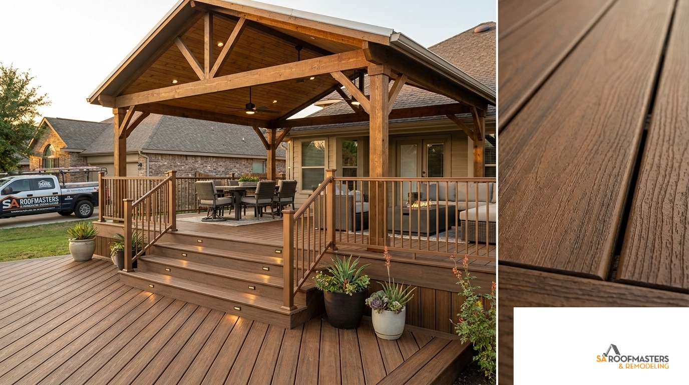 Custom Trex deck and patio cover in a San Antonio backyard