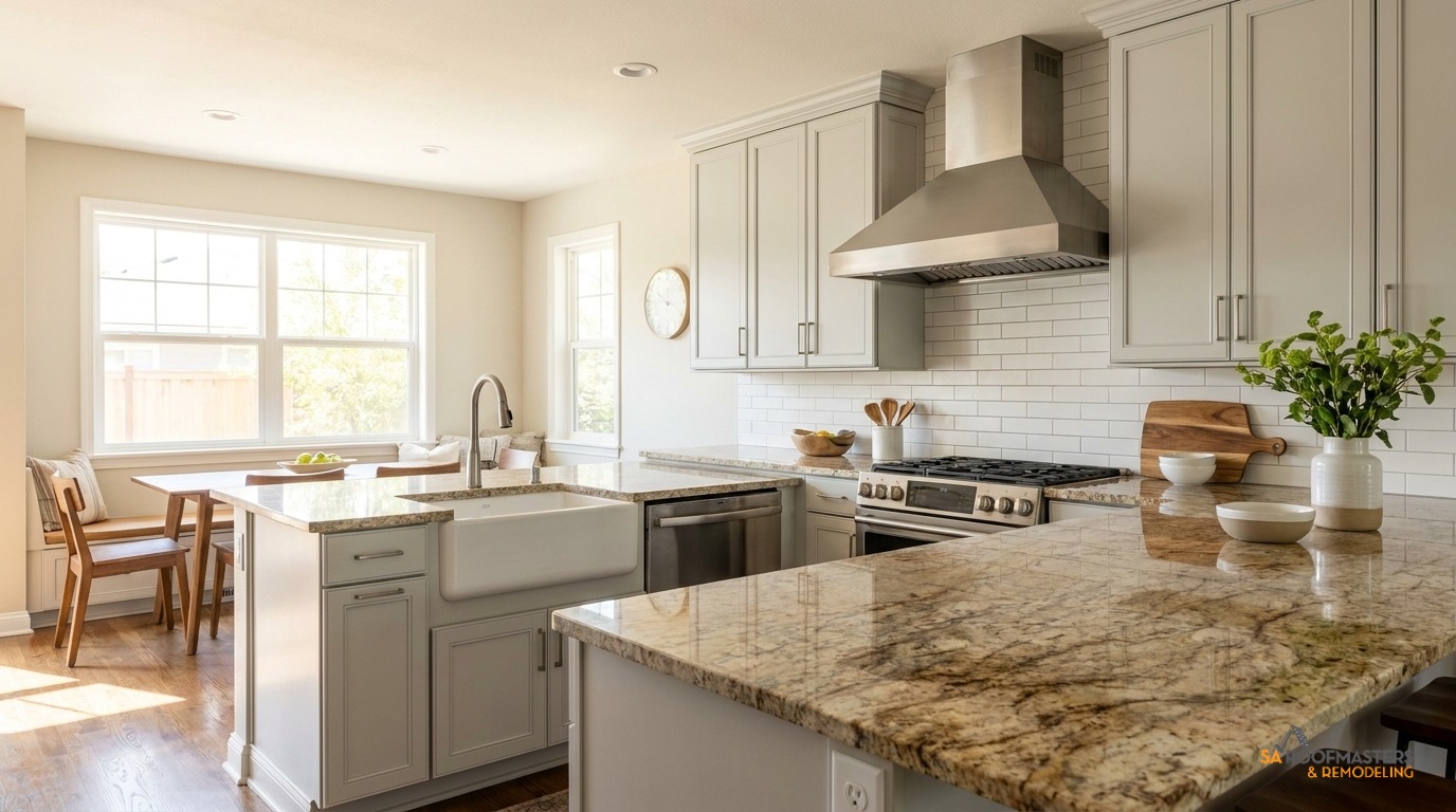 Remodeled kitchen with granite counters and tile backsplash in San Antonio