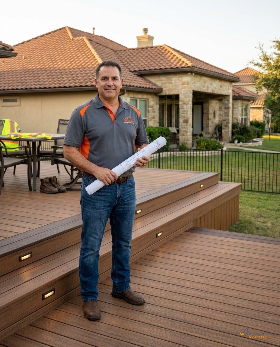 James Baladez, founder of SA Roofmasters, reviewing roofing materials on a San Antonio job site