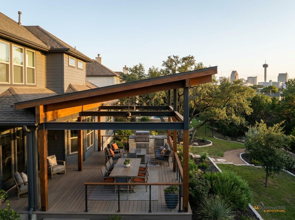 Custom patio cover tied into a home's roofline in San Antonio