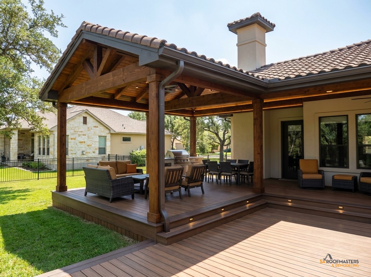 Wood-framed patio cover attached to a home roofline in San Antonio