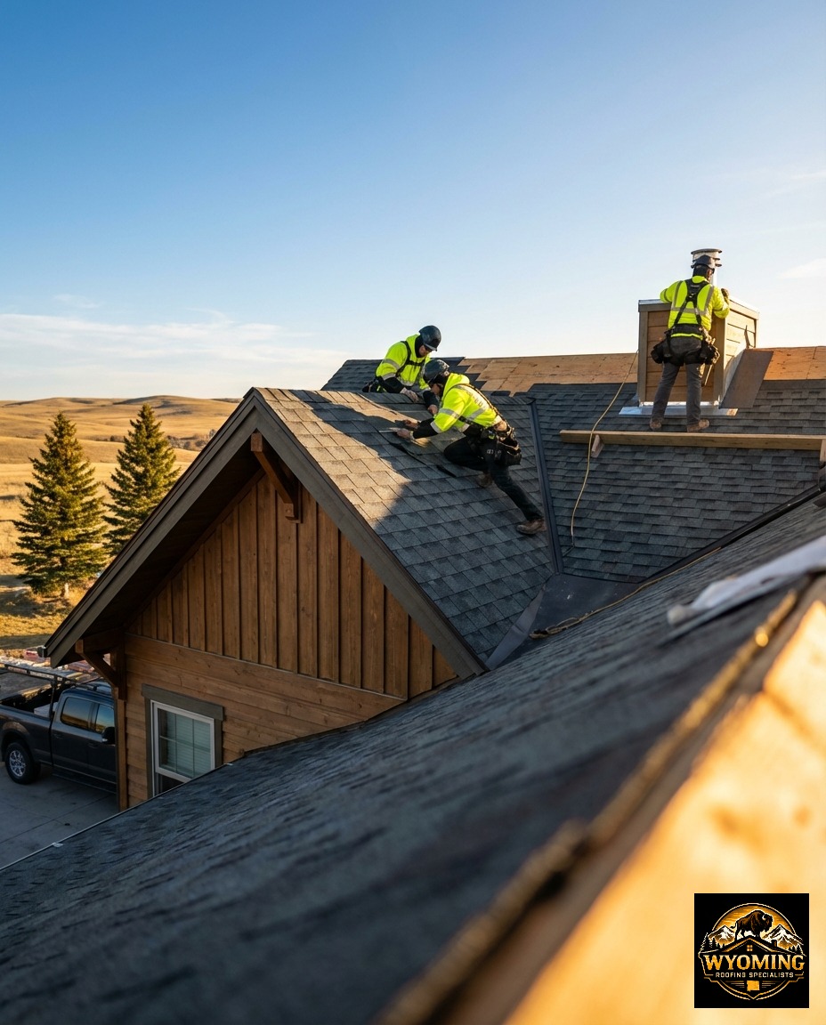 Professional Wyoming Roofing Specialists team in high-visibility yellow safety gear installing a multi-layer asphalt roof on a Cheyenne home