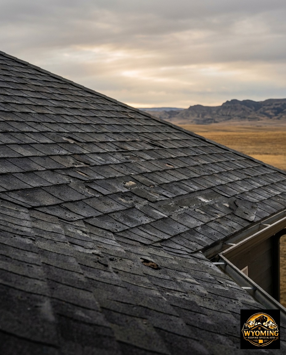 Close-up of an asphalt roof on a Wyoming home showing heavy hail and storm damage