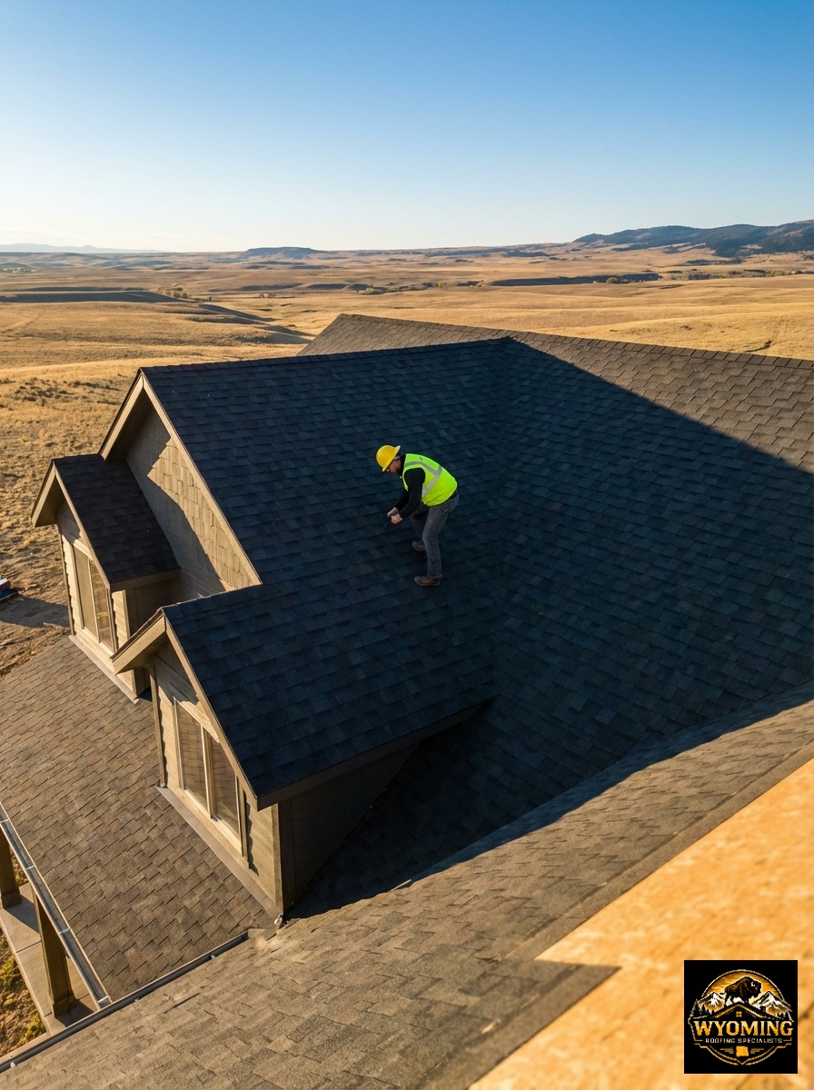 Drone aerial view of Wyoming Roofing Specialists crew in high-visibility safety gear inspecting a residential asphalt roof in Cheyenne