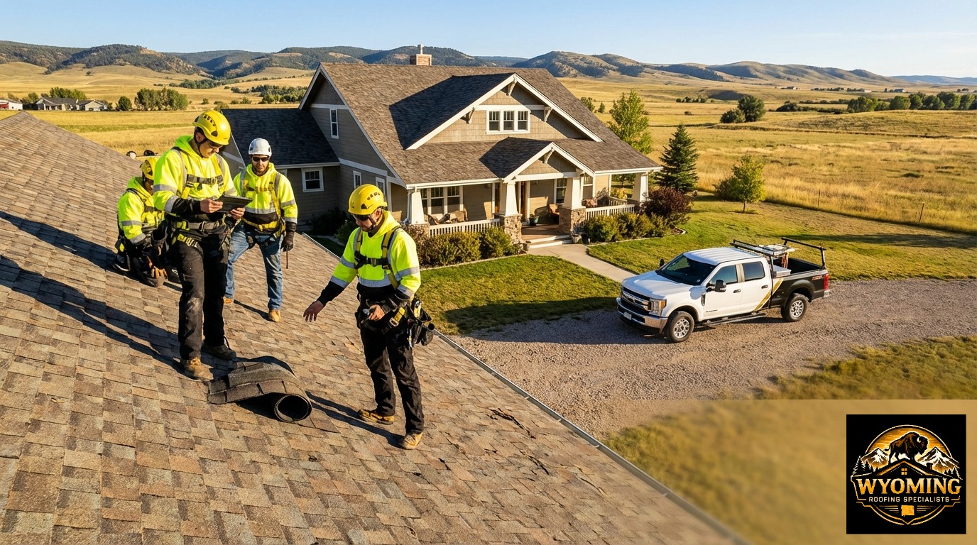 Professional roofers replacing an aging asphalt roof on a Wyoming-style home