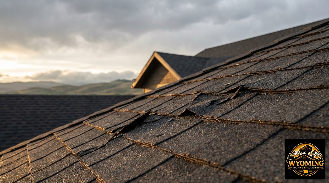 Close-up of severe storm and hail damage on a residential asphalt roof