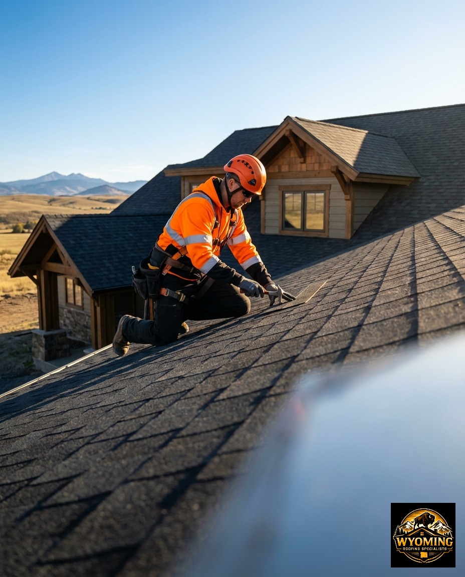 Professional roofers in high-visibility yellow safety gear inspecting a durable asphalt roof in a Wyoming residential neighborhood