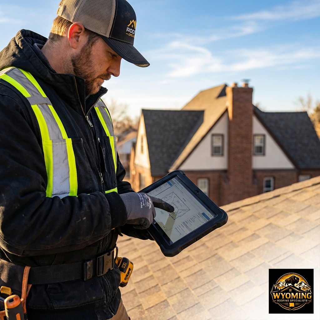 Professional roofing specialist conducting a complimentary inspection on a residential roof