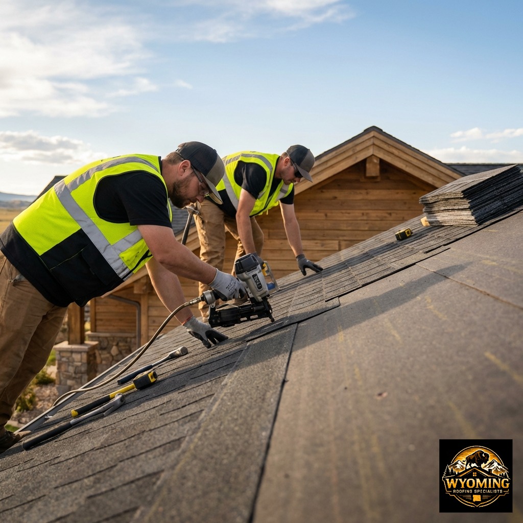 Professional roofers in high-visibility yellow gear installing a durable asphalt roof
